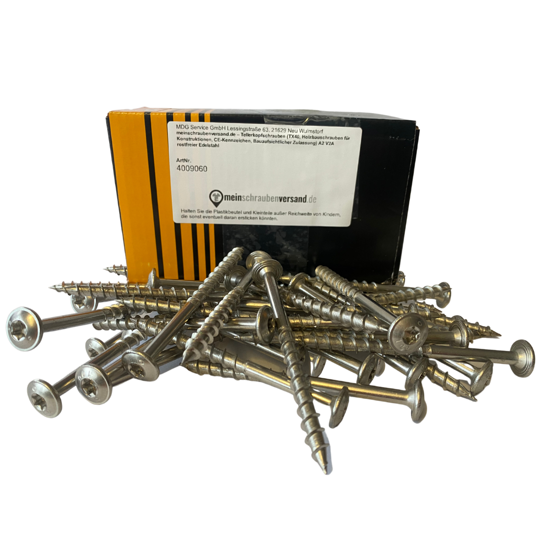 Tellerkopfschrauben 8x100 25 Stück (TX40, Holzbauschrauben für Konstruktionen, CE-Kennzeichen, Bauaufsichtlicher Zulassung) A2 V2A rostfreier Edelstahl - 8 x 100 25
