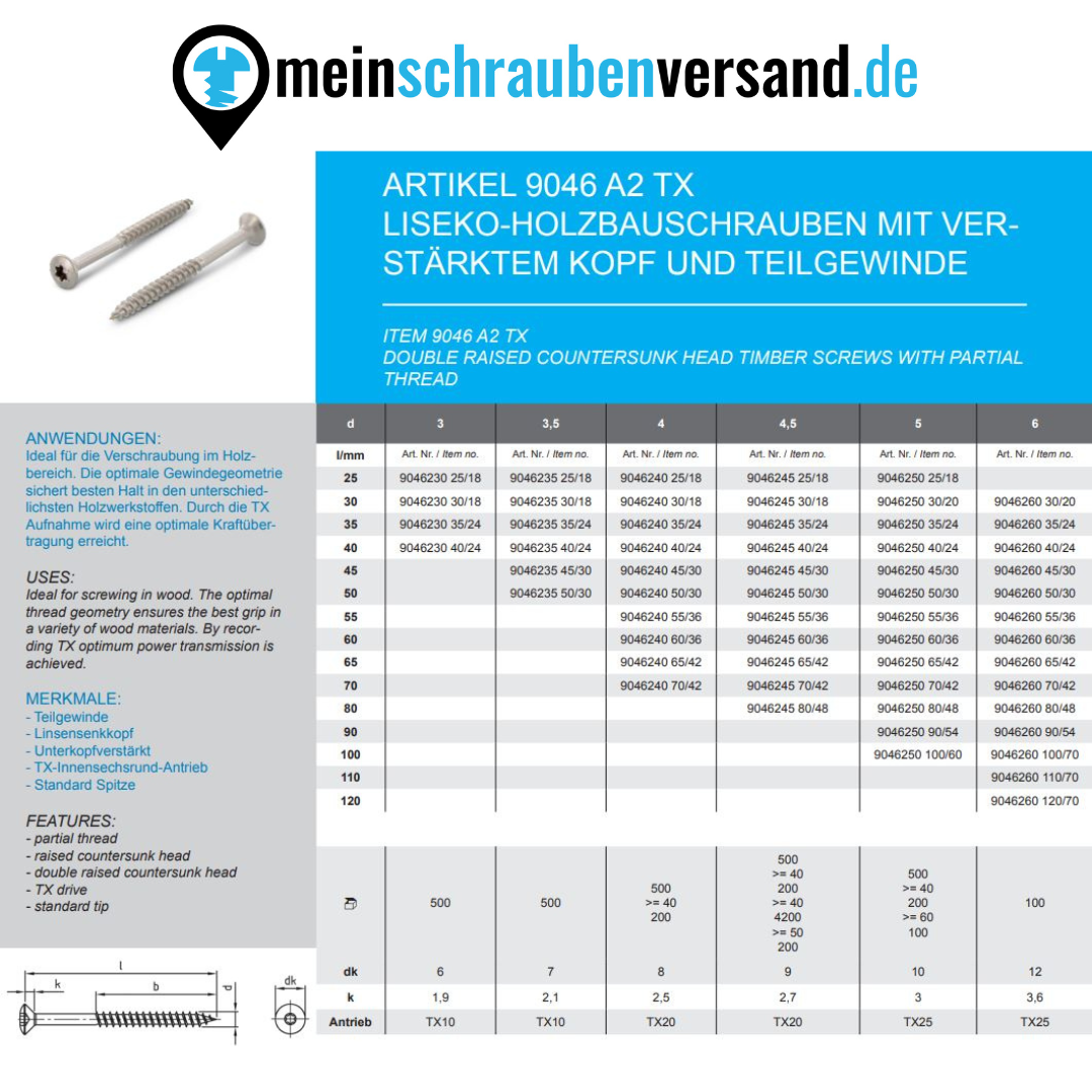 Spanplattenschrauben Edelstahl A2 - Holzbauschrauben - Holzschrauben - Linsensenkkopf - Teilgewinde mit verstärktem Kopf 6x80 50