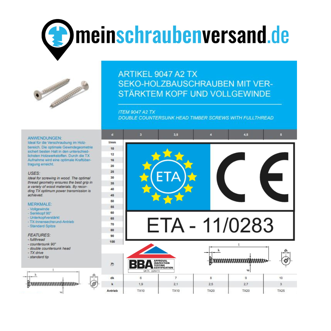 Spanplattenschrauben 5x45 mm 100 Stück Edelstahl A2 - Holzbauschrauben - Holzschrauben - Senkkopf - Vollgewinde mit verstärktem Kopf