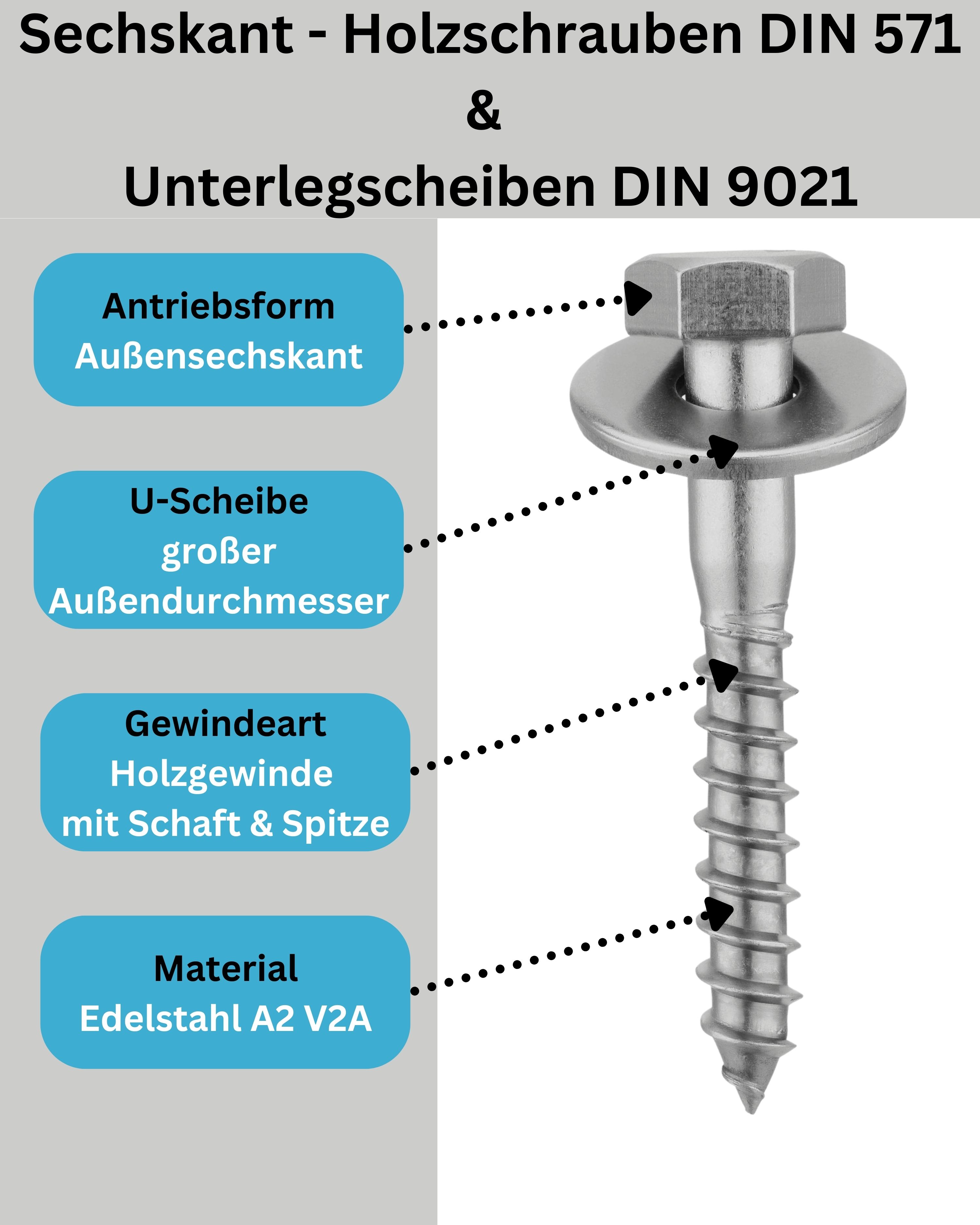 meinschraubenversand.de - Sechskant Holzschrauben mit Unterlegscheiben - DIN 571 + DIN 9021 - rostfreier Edelstahl A2 V2A - 10 x 70 mm-100 Stück