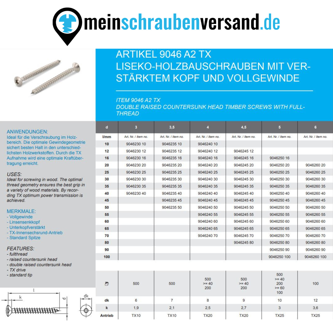 Spanplattenschrauben Edelstahl A2 - Holzbauschrauben - Holzschrauben - Rundkopf - Vollgewinde mit verstärktem Kopf 6x90 50