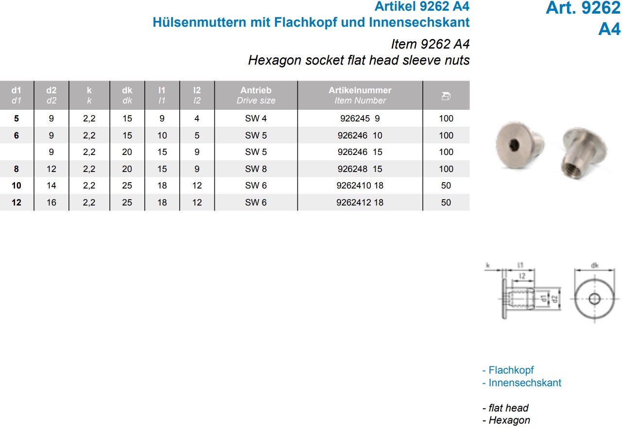 Hülsenmuttern mit Senkkopf und Innensechskant A4