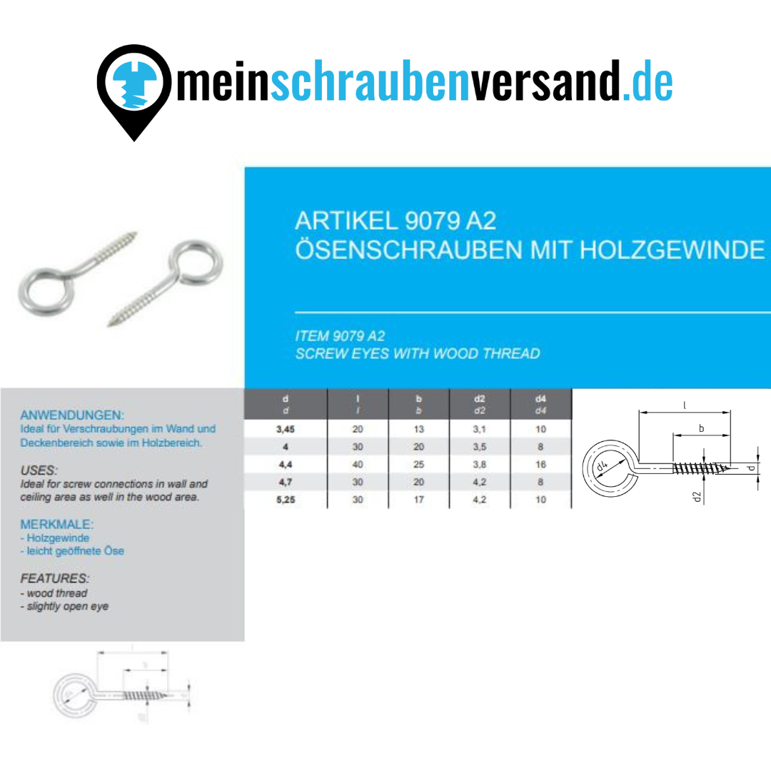 Ösenschrauben mit Holzgewinde 4,4x40 mm 50 Stück Edelstahl A2 Ringschrauben