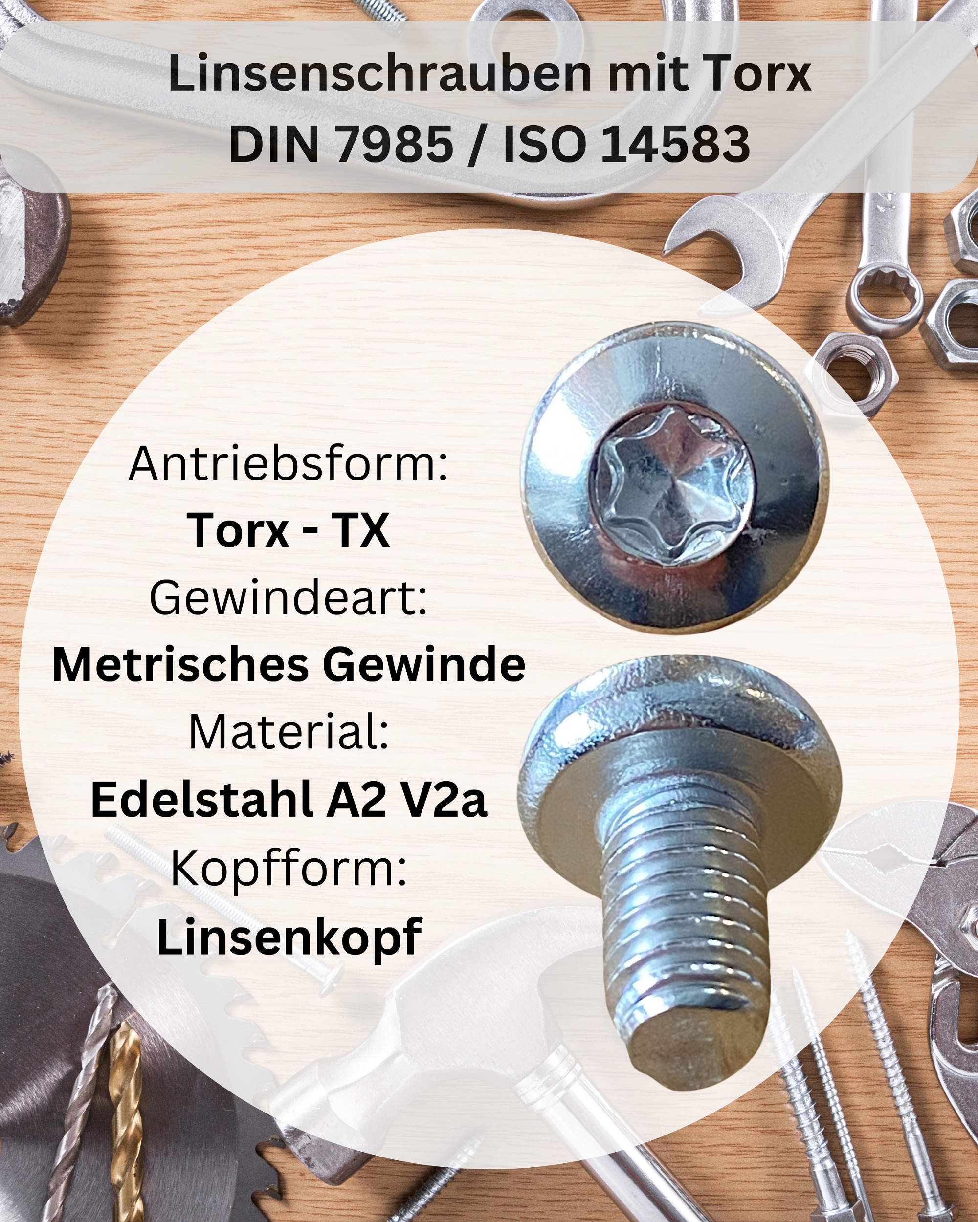 Linsenkopfschrauben M2 - M8 DIN 7985 (Vollgewinde, Innensechsrund, Torx, ISO 14583 A2 V2A rostfreier Edelstahl M2,5 x 8 1000 Stück