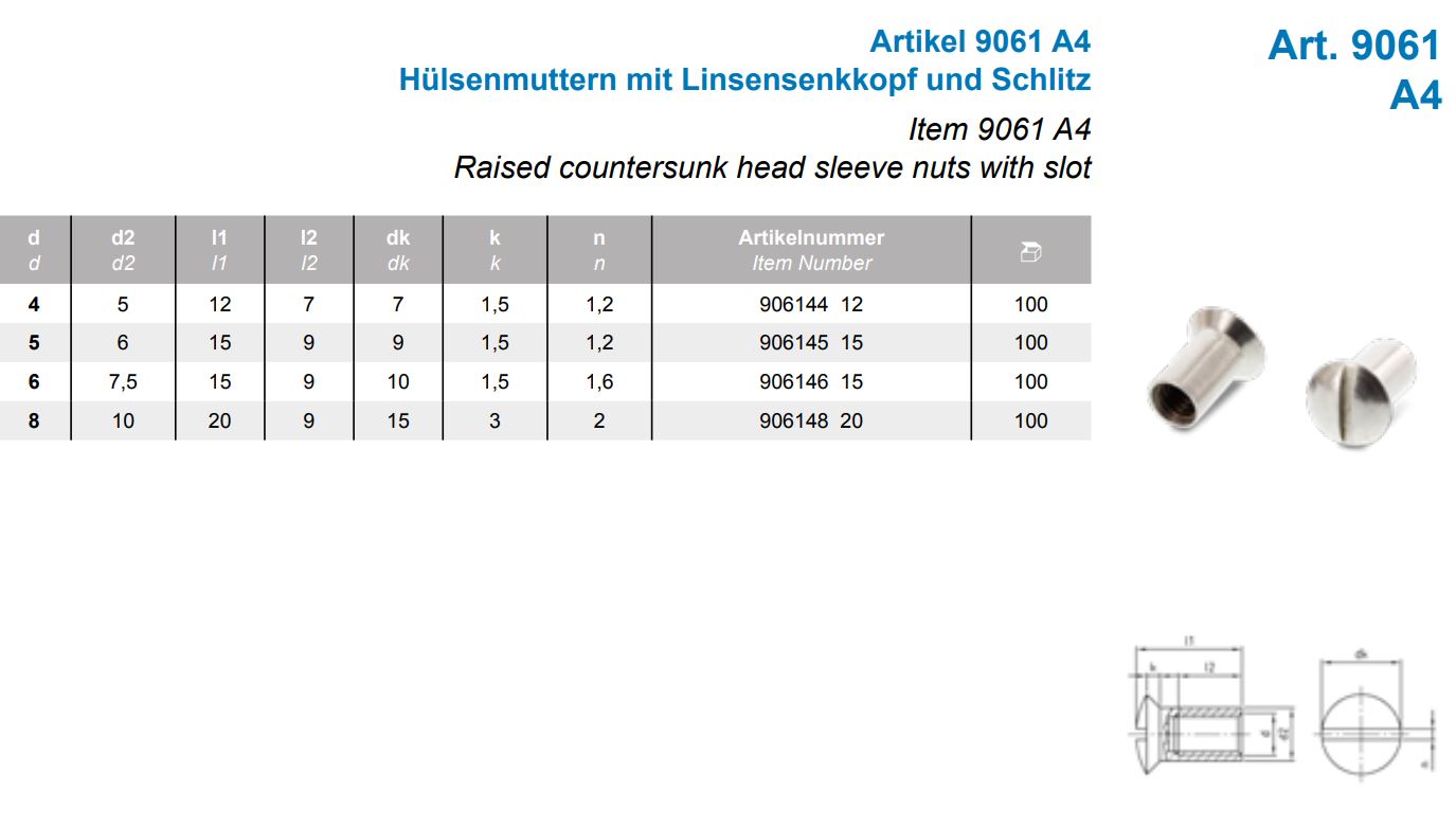 Hülsenmuttern mit Linsensenkkopf und Schlitz A4