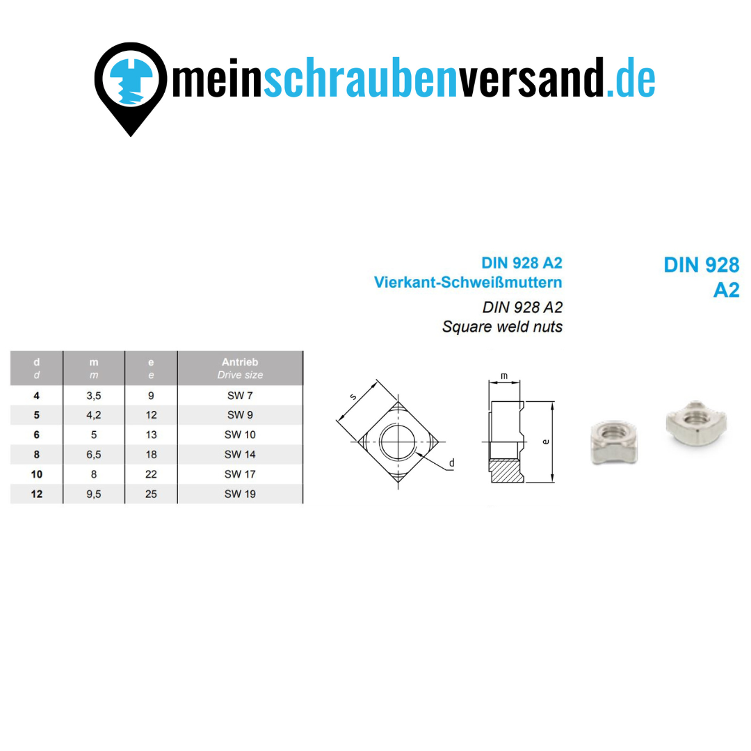 Vierkant Schweißmuttern M8 25 Stück - DIN 928 - Edelstahl A2 (v2A) - (alle Größen & Mengen) - Einlegemuttern