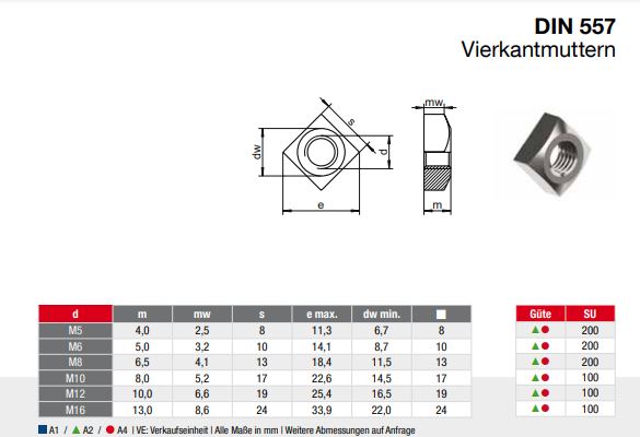Vierkantmuttern (hohe Form) - Mutter (alle Größen & Mengen M5 - M6 - M8 - M10 - M12 - M16) - DIN 557 - Edelstahl A2 (V2A) - Einlegemutter M10-200 Stück Vierkantmuttern (hohe Form) - Mutter (alle Größen & Mengen M5 - M6 - M8 - M10 - M12 - M16) - DIN 557 - Edelstahl A2 (V2A) - Einlegemutter M10-200 Stück