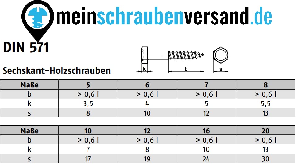 meinschraubenversand.de - Sechskant Holzschrauben mit Unterlegscheiben - DIN 571 + DIN 9021 - rostfreier Edelstahl A2 V2A - 8 x 120 mm-50 Stück
